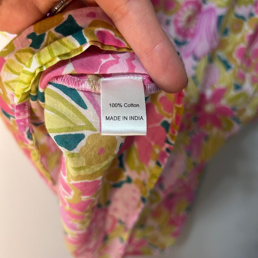 Banjanan Cotton Top Blouse Ruched Smocked Pink Green Floral Anthro Shirt XL - Picture 5 of 5